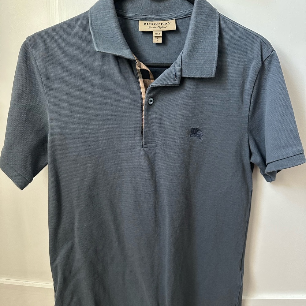 Burberry Men's Slate Blue Polo with Check Placket